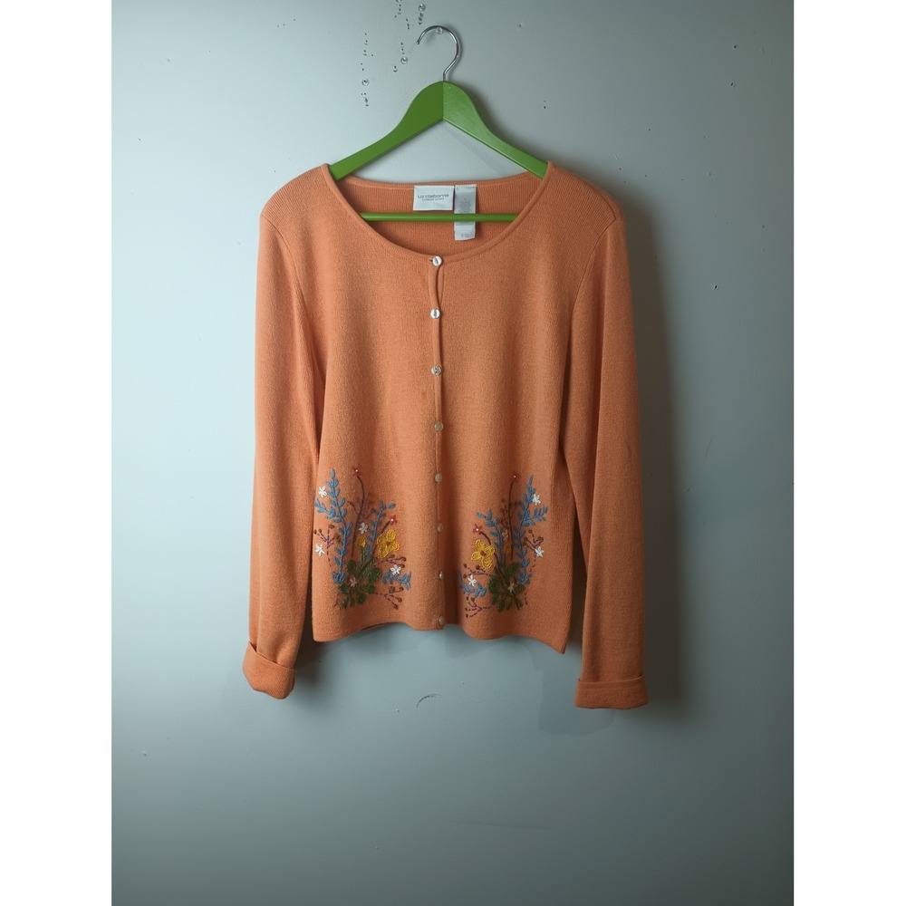 Liz Claiborne Vintage Boho Fairy Wool Floral Embroidered Cardigan Peach Large